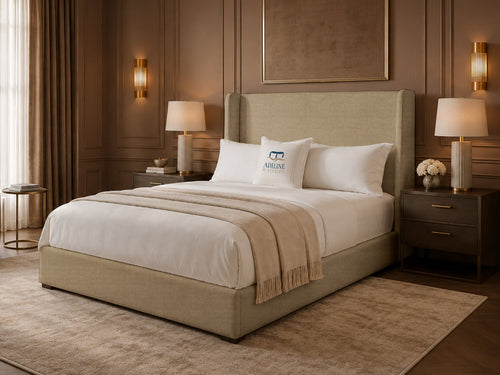 Serenity Wing Plain Upholstered Bed Set with Floor Standing Headboard, Footboard & Storage Upgrade Option