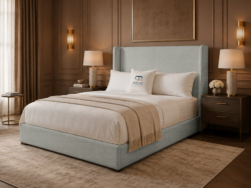 Serenity Wing Plain Upholstered Bed Set with Floor Standing Headboard, Footboard & Storage Upgrade Option