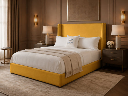 Serenity Wing Plain Upholstered Bed Set with Floor Standing Headboard, Footboard & Storage Upgrade Option