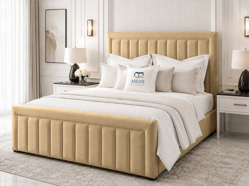 Stanford Channel Upholstered Bed Set with Floor Standing Headboard, Footboard & Storage Upgrade Option