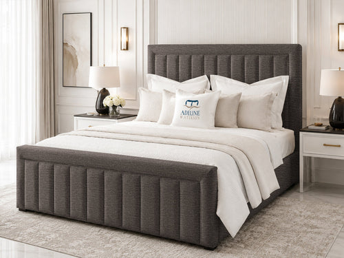 Stanford Channel Upholstered Bed Set with Floor Standing Headboard, Footboard & Storage Upgrade Option