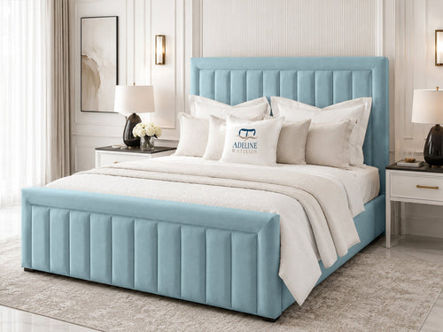 Stanford Channel Upholstered Bed Set with Floor Standing Headboard, Footboard & Storage Upgrade Option