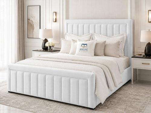 Stanford Channel Upholstered Bed Set with Floor Standing Headboard, Footboard & Storage Upgrade Option