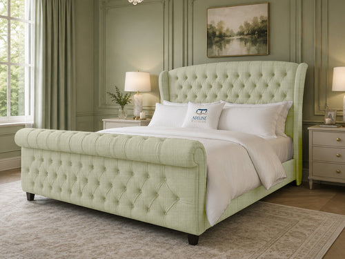Stirling Wing Chesterfield Sleigh Upholstered Bed Set with Floor Standing Headboard, Footboard & Storage Upgrade Option