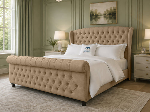 Stirling Wing Chesterfield Sleigh Upholstered Bed Set with Floor Standing Headboard, Footboard & Storage Upgrade Option