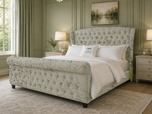 Stirling Wing Chesterfield Sleigh Upholstered Bed Set with Floor Standing Headboard, Footboard & Storage Upgrade Option