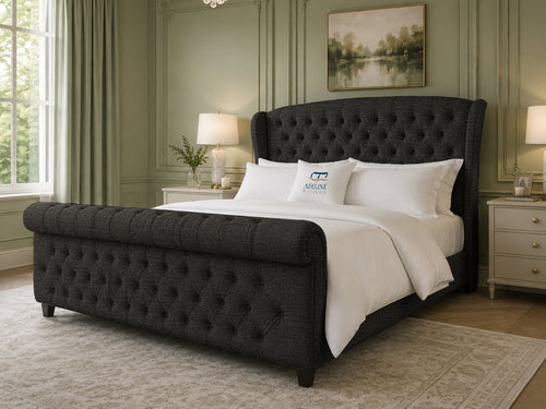 Stirling Wing Chesterfield Sleigh Upholstered Bed Set with Floor Standing Headboard, Footboard & Storage Upgrade Option
