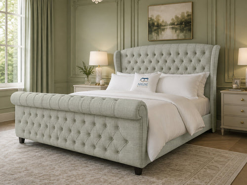 Stirling Wing Chesterfield Sleigh Upholstered Bed Set with Floor Standing Headboard, Footboard & Storage Upgrade Option