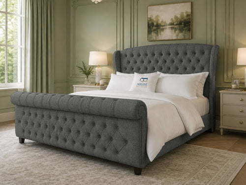 Stirling Wing Chesterfield Sleigh Upholstered Bed Set with Floor Standing Headboard, Footboard & Storage Upgrade Option