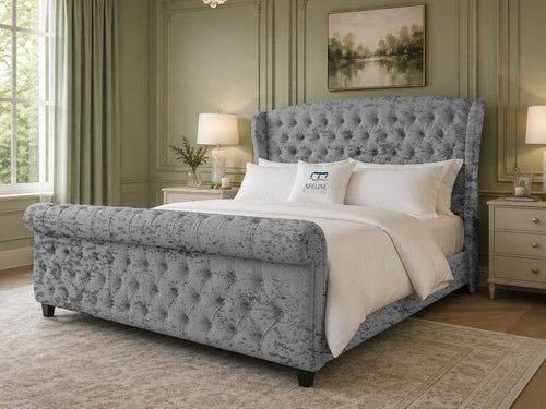 Stirling Wing Chesterfield Sleigh Upholstered Bed Set with Floor Standing Headboard, Footboard & Storage Upgrade Option