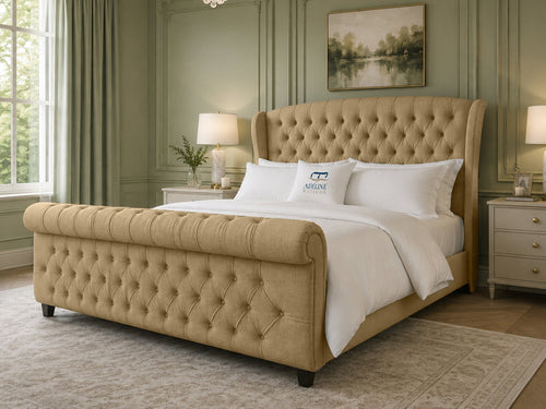 Stirling Wing Chesterfield Sleigh Upholstered Bed Set with Floor Standing Headboard, Footboard & Storage Upgrade Option