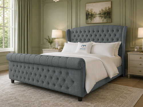 Stirling Wing Chesterfield Sleigh Upholstered Bed Set with Floor Standing Headboard, Footboard & Storage Upgrade Option