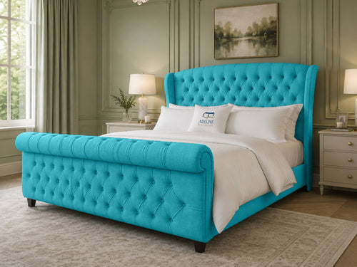 Stirling Wing Chesterfield Sleigh Upholstered Bed Set with Floor Standing Headboard, Footboard & Storage Upgrade Option
