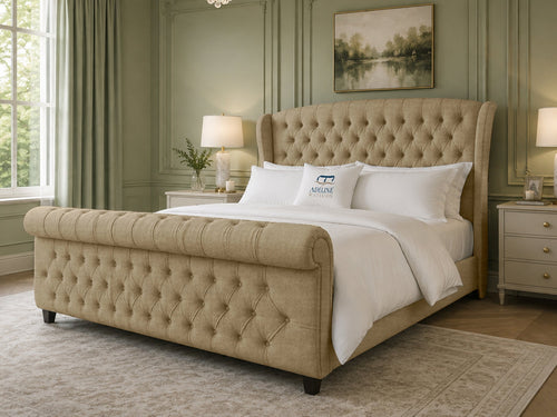 Stirling Wing Chesterfield Sleigh Upholstered Bed Set with Floor Standing Headboard, Footboard & Storage Upgrade Option