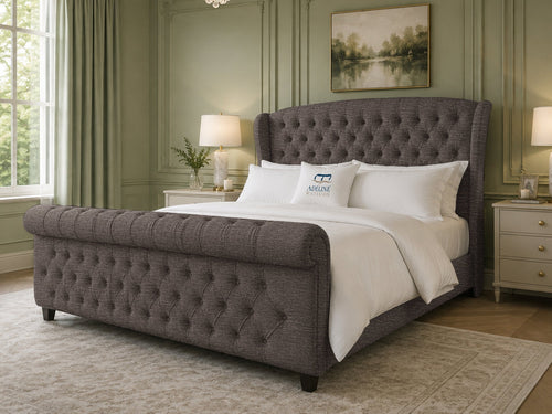 Stirling Wing Chesterfield Sleigh Upholstered Bed Set with Floor Standing Headboard, Footboard & Storage Upgrade Option
