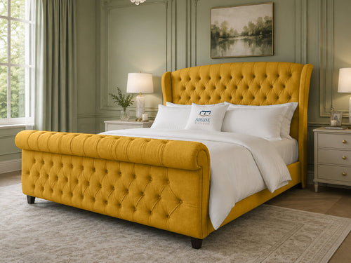 Stirling Wing Chesterfield Sleigh Upholstered Bed Set with Floor Standing Headboard, Footboard & Storage Upgrade Option