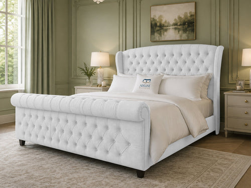 Stirling Wing Chesterfield Sleigh Upholstered Bed Set with Floor Standing Headboard, Footboard & Storage Upgrade Option
