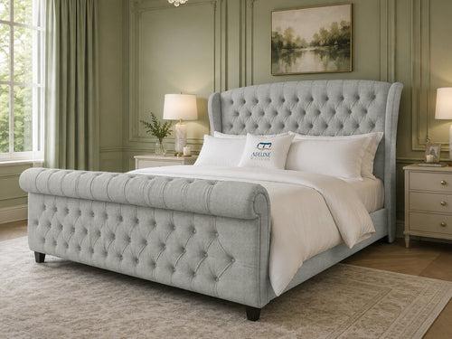Stirling Wing Chesterfield Sleigh Upholstered Bed Set with Floor Standing Headboard, Footboard & Storage Upgrade Option