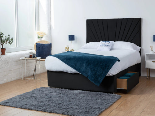 Sunset Sunburst Channel Divan Bed Set with Storage Drawers, Floor Standing Headboard & Footboard