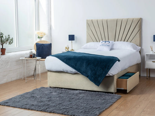 Sunset Sunburst Channel Divan Bed Set with Storage Drawers, Floor Standing Headboard & Footboard