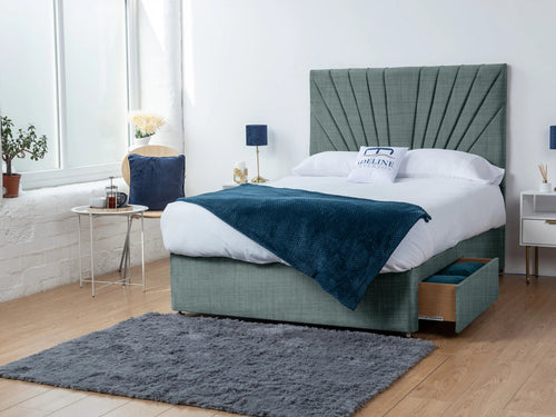 Sunset Sunburst Channel Divan Bed Set with Storage Drawers, Floor Standing Headboard & Footboard