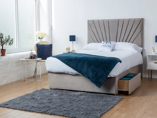 Sunset Sunburst Channel Divan Bed Set with Storage Drawers, Floor Standing Headboard & Footboard