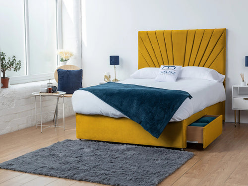 Sunset Sunburst Channel Divan Bed Set with Storage Drawers, Floor Standing Headboard & Footboard