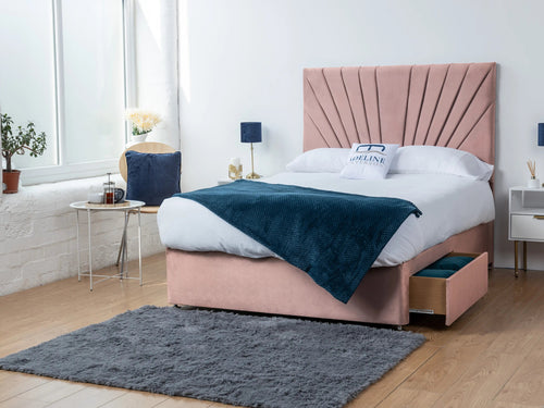 Sunset Sunburst Channel Divan Bed Set with Storage Drawers, Floor Standing Headboard & Footboard