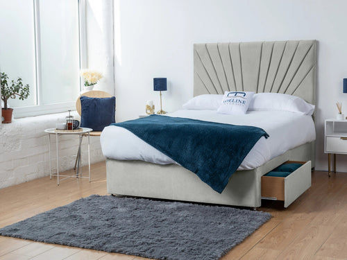 Sunset Sunburst Channel Divan Bed Set with Storage Drawers, Floor Standing Headboard & Footboard