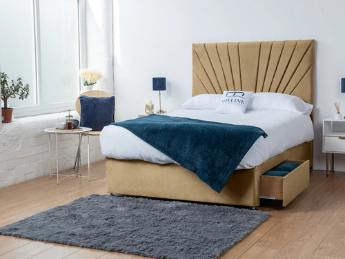 Sunset Sunburst Channel Divan Bed Set with Storage Drawers, Floor Standing Headboard & Footboard