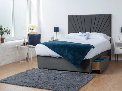 Sunset Sunburst Channel Divan Bed Set with Storage Drawers, Floor Standing Headboard & Footboard