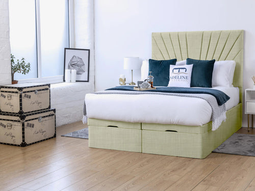 Sunset Sunburst Channel Ottoman End Lift Storage Bed Set with Floor Standing Headboard & Footboard