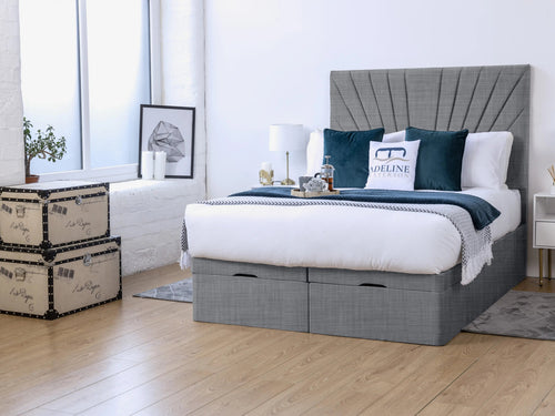Sunset Sunburst Channel Ottoman End Lift Storage Bed Set with Floor Standing Headboard & Footboard