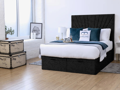 Sunset Sunburst Channel Ottoman End Lift Storage Bed Set with Floor Standing Headboard & Footboard