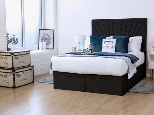 Sunset Sunburst Channel Ottoman End Lift Storage Bed Set with Floor Standing Headboard & Footboard