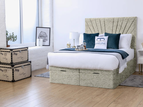 Sunset Sunburst Channel Ottoman End Lift Storage Bed Set with Floor Standing Headboard & Footboard