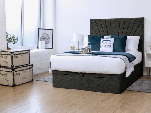Sunset Sunburst Channel Ottoman End Lift Storage Bed Set with Floor Standing Headboard & Footboard