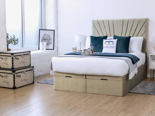 Sunset Sunburst Channel Ottoman End Lift Storage Bed Set with Floor Standing Headboard & Footboard