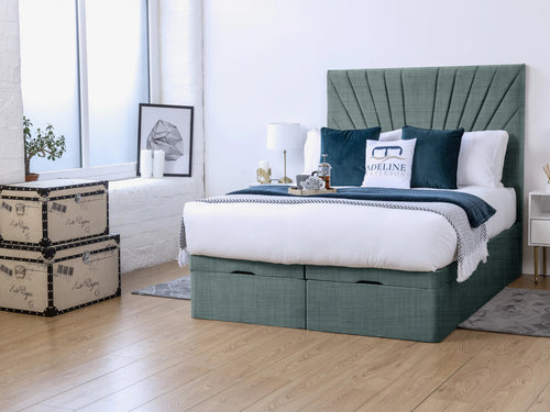 Sunset Sunburst Channel Ottoman End Lift Storage Bed Set with Floor Standing Headboard & Footboard