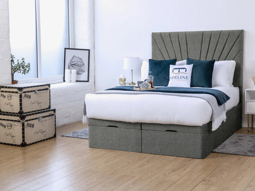 Sunset Sunburst Channel Ottoman End Lift Storage Bed Set with Floor Standing Headboard & Footboard