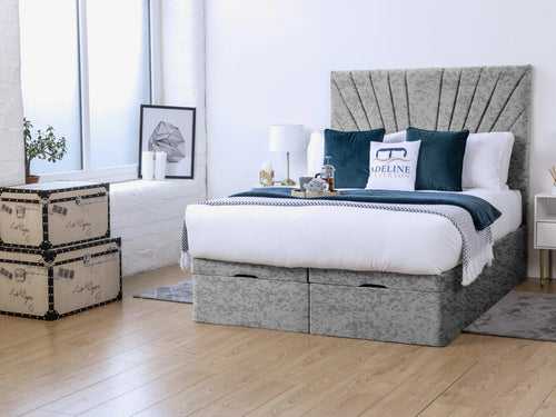 Sunset Sunburst Channel Ottoman End Lift Storage Bed Set with Floor Standing Headboard & Footboard