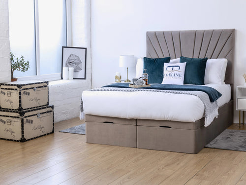 Sunset Sunburst Channel Ottoman End Lift Storage Bed Set with Floor Standing Headboard & Footboard