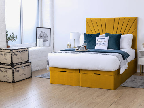 Sunset Sunburst Channel Ottoman End Lift Storage Bed Set with Floor Standing Headboard & Footboard