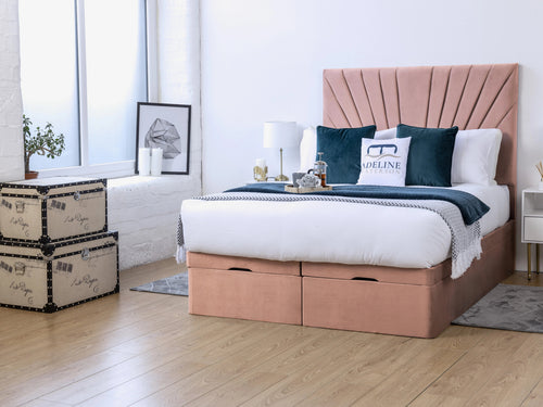 Sunset Sunburst Channel Ottoman End Lift Storage Bed Set with Floor Standing Headboard & Footboard