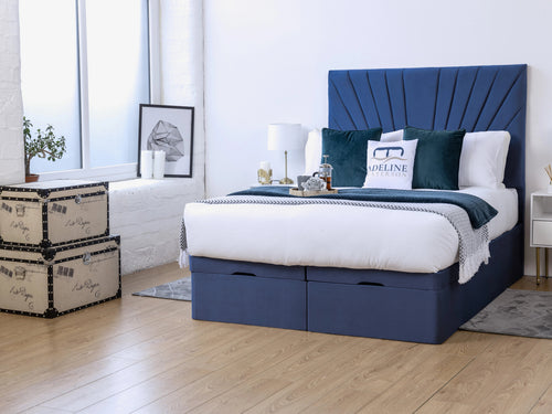 Sunset Sunburst Channel Ottoman End Lift Storage Bed Set with Floor Standing Headboard & Footboard