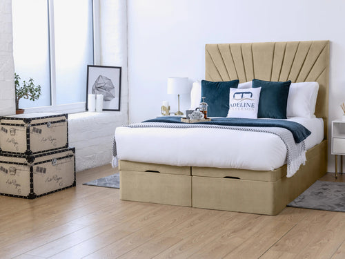 Sunset Sunburst Channel Ottoman End Lift Storage Bed Set with Floor Standing Headboard & Footboard