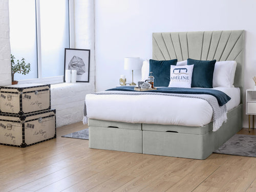 Sunset Sunburst Channel Ottoman End Lift Storage Bed Set with Floor Standing Headboard & Footboard