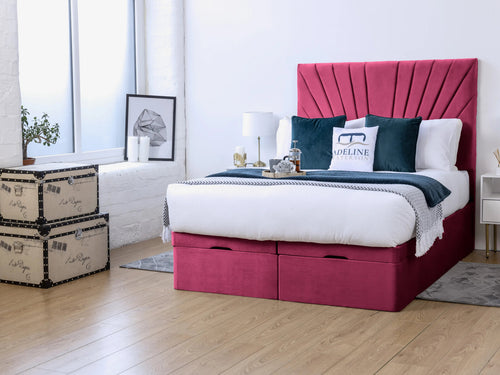 Sunset Sunburst Channel Ottoman End Lift Storage Bed Set with Floor Standing Headboard & Footboard
