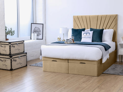 Sunset Sunburst Channel Ottoman End Lift Storage Bed Set with Floor Standing Headboard & Footboard