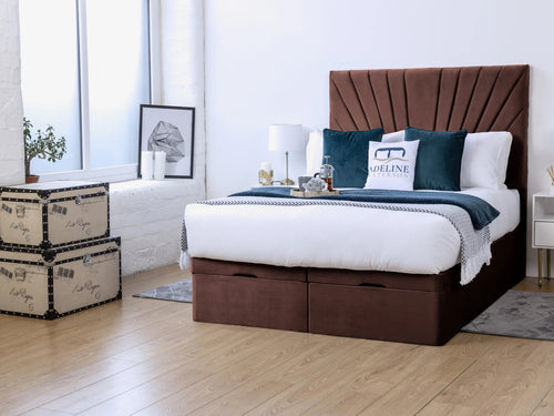 Sunset Sunburst Channel Ottoman End Lift Storage Bed Set with Floor Standing Headboard & Footboard